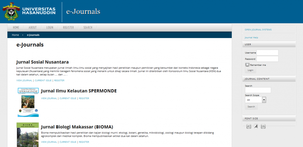 Tampilan sumber utama portal journal.unhas.ac.id